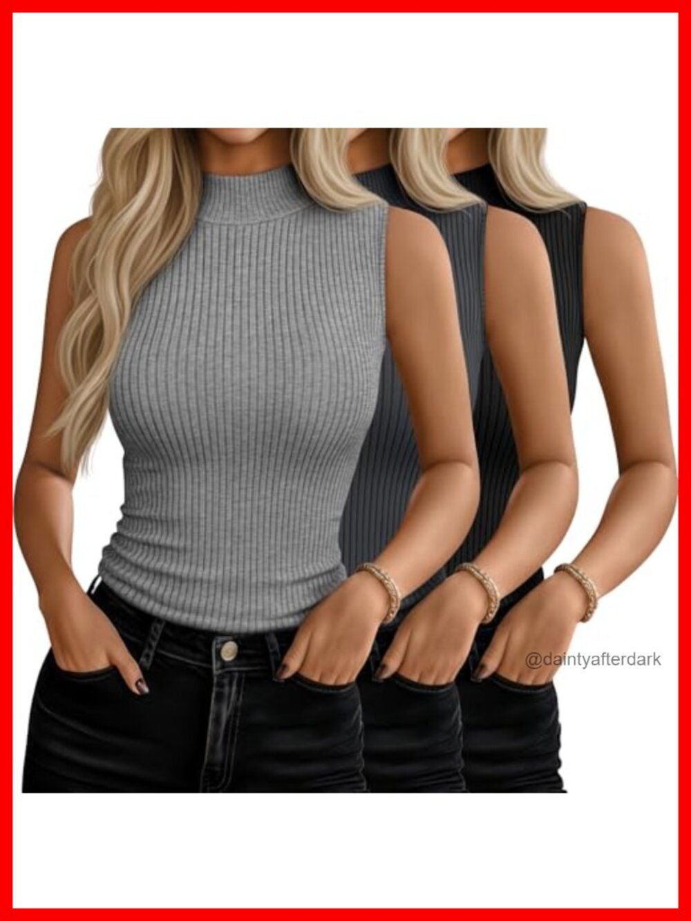 3 Pack Women's Sleeveless Mock Turtleneck Tops Stretch Slim Fit Tank Shirts